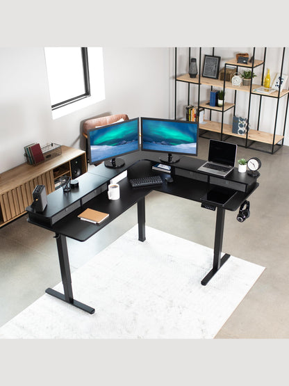 VIVO Electric 2-Tier Corner L-Shaped 63 x 55 inch Standing Desk, Height Adjustable, Memory Controller, Black Top Black Frame, Dark Gray Drawers, DESK-E3CVB
