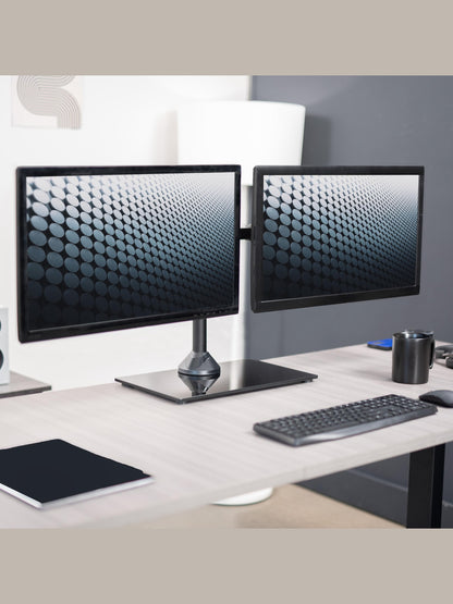 VIVO Freestanding Dual Monitor Stand with Sleek Glass Base and Adjustable Arms, Mounts 2 Screens up to 32 inch and 22 lbs Each, Black, STAND-V002FG
