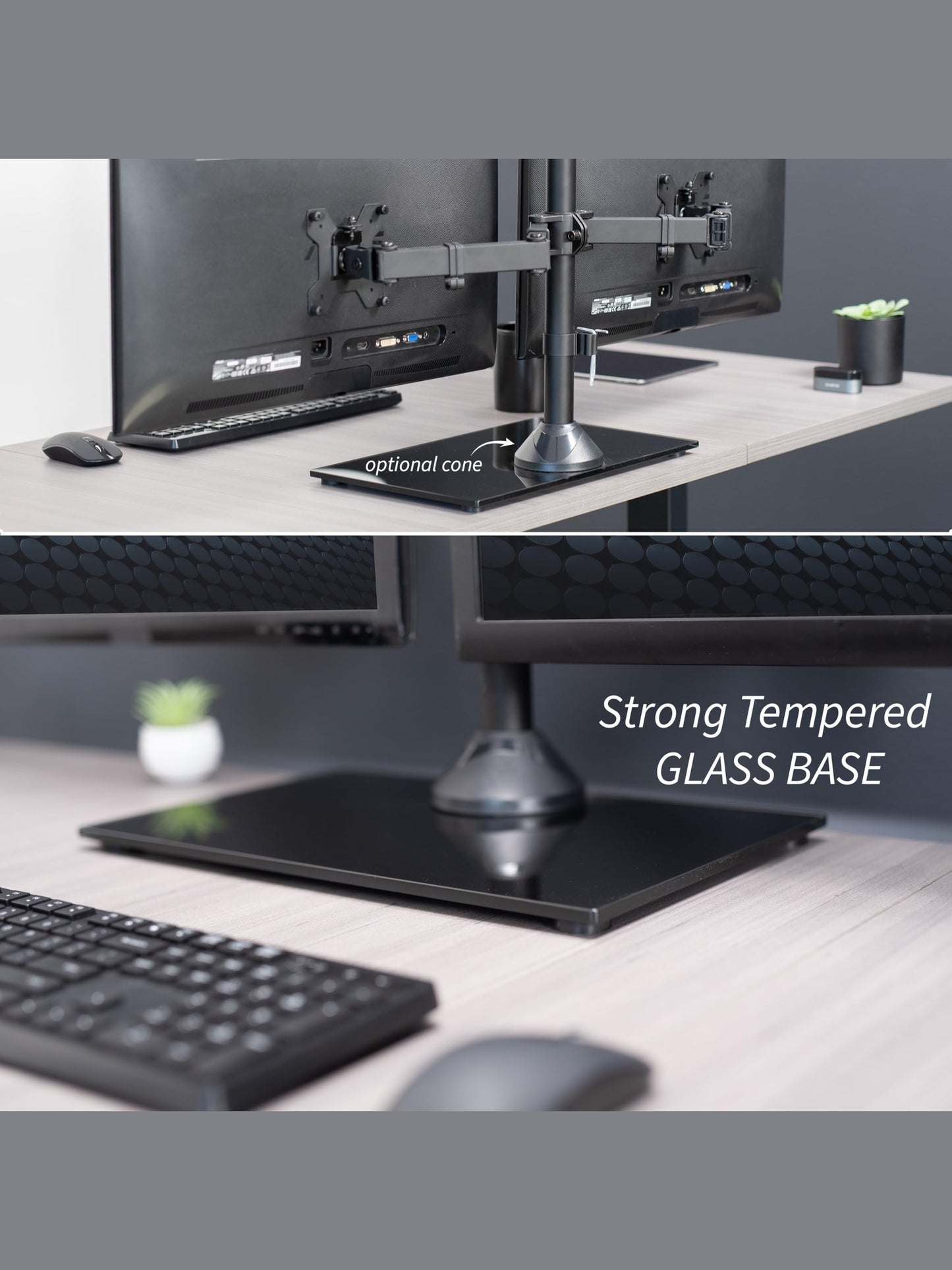 VIVO Freestanding Dual Monitor Stand with Sleek Glass Base and Adjustable Arms, Mounts 2 Screens up to 32 inch and 22 lbs Each, Black, STAND-V002FG