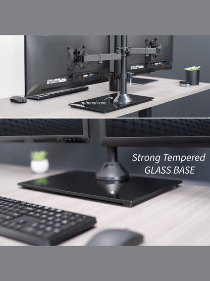 VIVO Freestanding Dual Monitor Stand with Sleek Glass Base and Adjustable Arms, Mounts 2 Screens up to 32 inch and 22 lbs Each, Black, STAND-V002FG